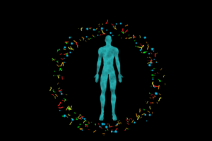 Graphic showing a human body surrounded by microbiome that must be in balance for healing to occur