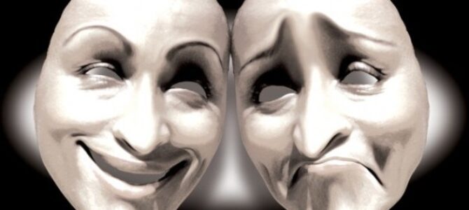 Graphic showing two masks one with happy and the other with a sad face to depict the extremes of human emotion and suffering